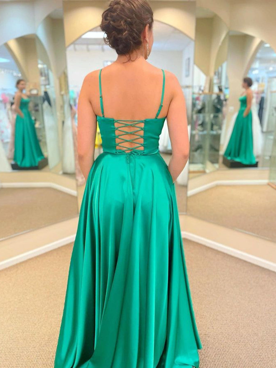 Long A-line Satin Prom Dress with Pockets Green Formal Graduation Evening  Dresses with Slit