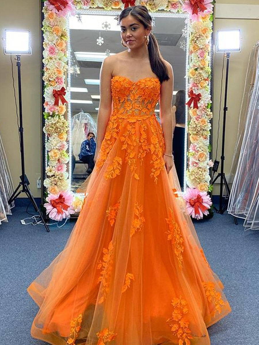 Long A Line Strapless Tulle Lace Prom Dress Orange Formal Evening Gown