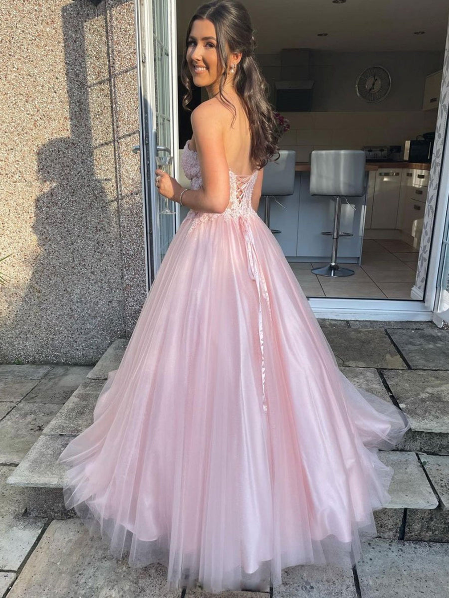 Pink A line tulle long prom dress, pink tulle formal dress – shdress