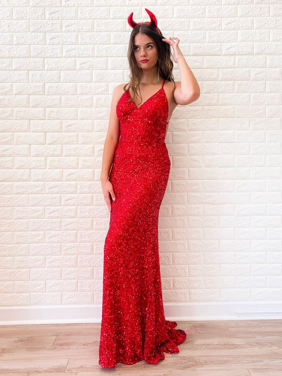 Shiny Red Long Mermaid V-neck Sequined Backless Formal Prom