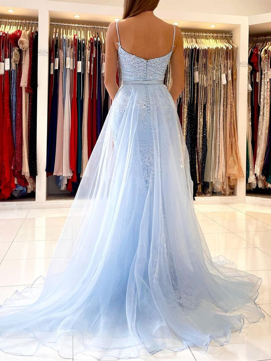 Aubrie Sky Blue Mermaid Spaghetti Straps Lace Tulle Prom Dress
