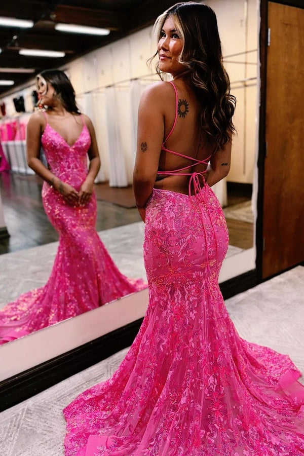 Sleeveless Pink Sequins Mermaid Prom Dress with Backless Spaghetti Straps