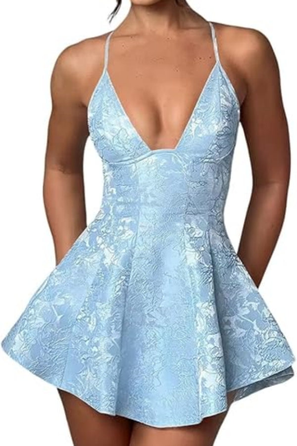 Short A-line Halter Backless Homecoming Dress Satin Ruffle Jacquard Party Dresses