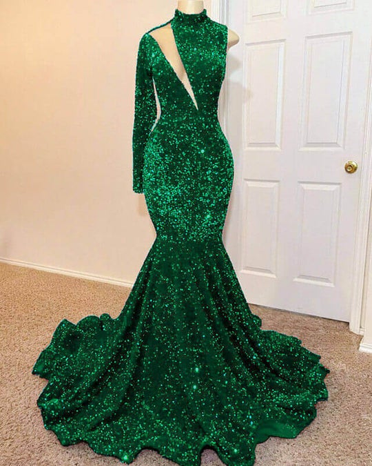 Sequined Mermaid Prom Gown with High Neck and Long Sleeves