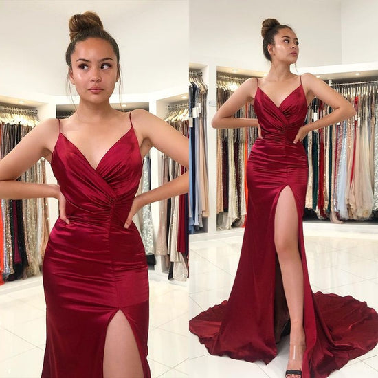 Spaghetti-Strap Burgundy Prom Dress With Slit