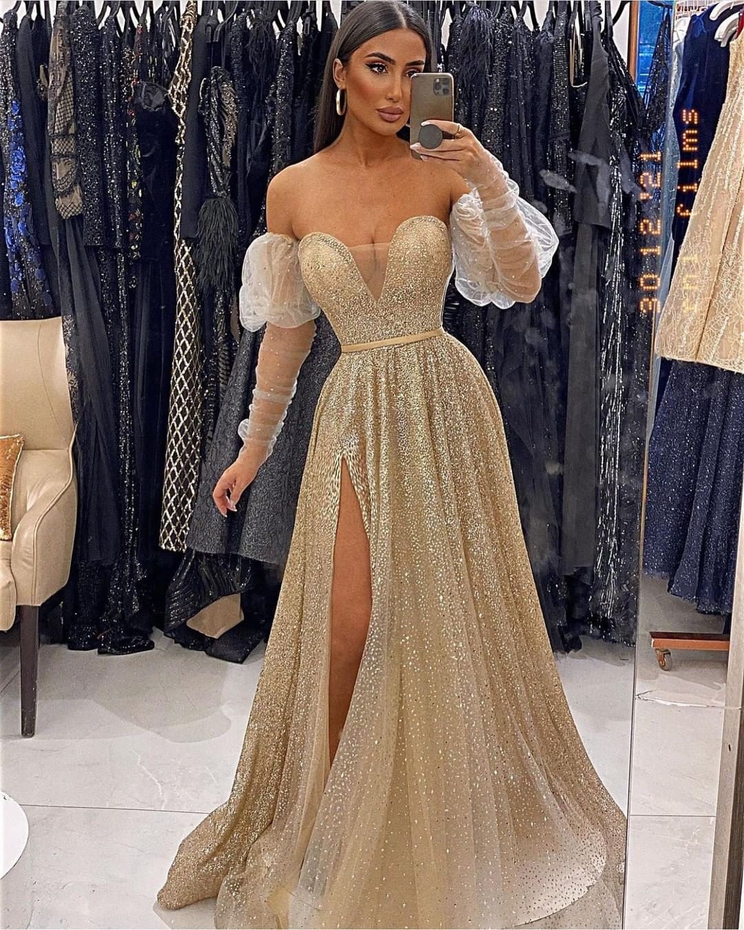 Sequins Champagne V-Neck Evening Dress with Front Split and Long Sleeves