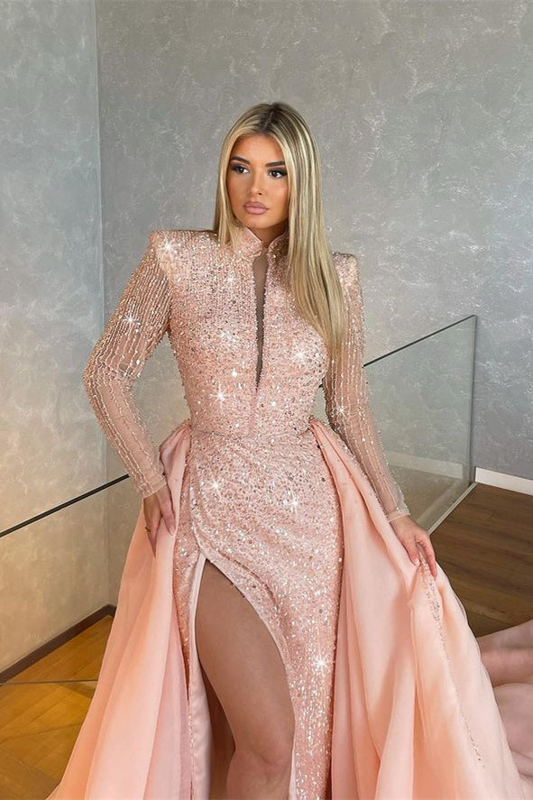 Mermaid Evening Dress - Light Pink Long Sleeves High Collar Sequins Split