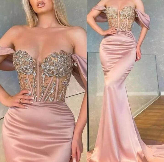 Off the Shoulder Sweetheart Long Mermaid Prom Dress With Beads