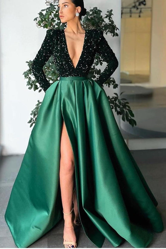 V-Neck Long Sleeves Mermaid Prom Dress with Sequins and Split