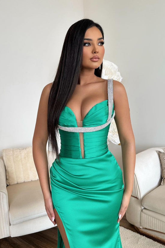 Sleeveless Spaghetti Strap Mermaid Prom Dress with High Slit V Neck in Jade