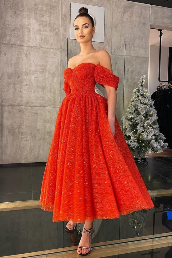 Off-the-Shoulder Red Sequins Prom Dress