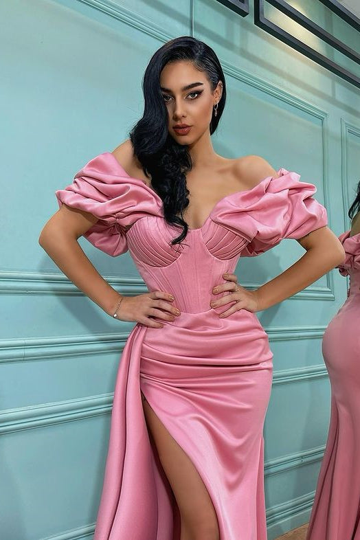 Rose Petal Pink Mermaid Prom Gown with Off-the-Shoulder Design and Stylish Split Hem