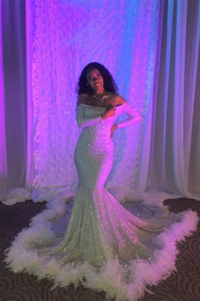 Off-the-Shoulder Sequins Mermaid Long Prom Dress With Feather & Long Sleeves