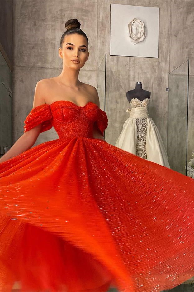 Off-the-Shoulder Red Sequins Prom Dress