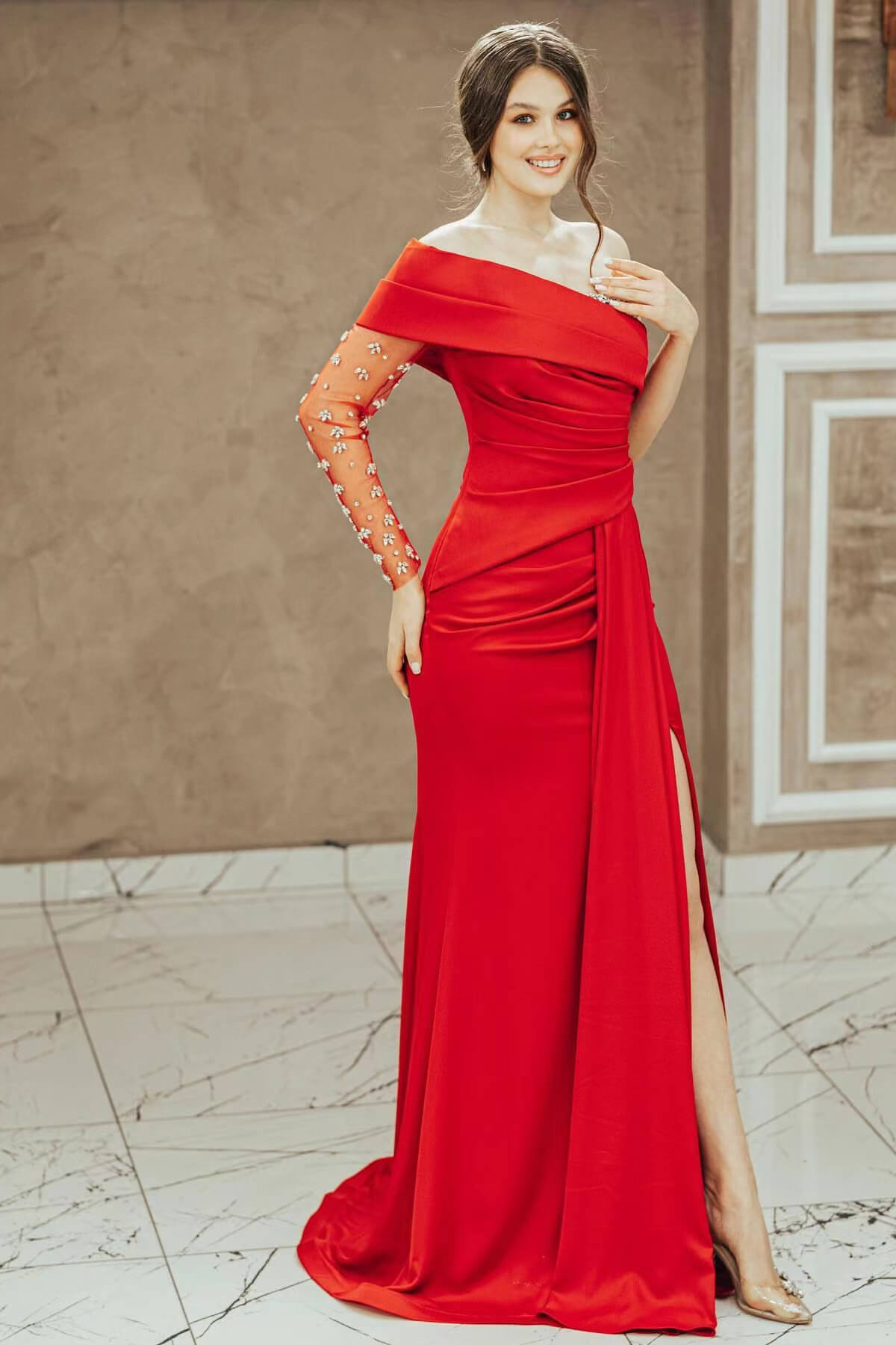 Sizzling Scarlet One-Shoulder Mermaid Prom Gown with Dazzling Bead Embellishments