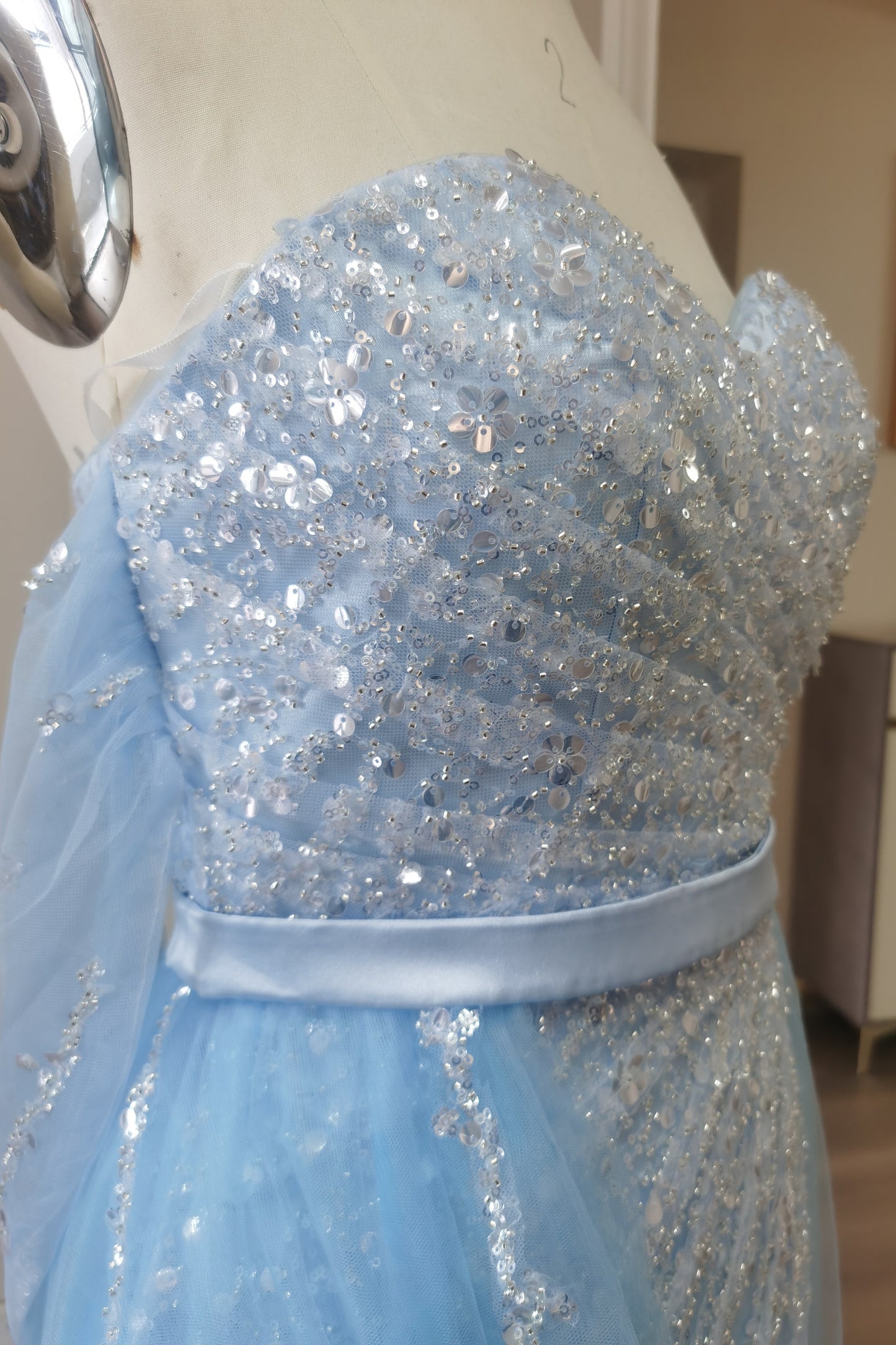 Sky Blue Off-the-Shoulder Prom Dress with Sequin Embellishments