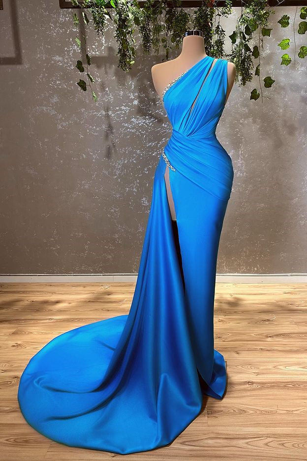 Ocean Blue One Shoulder Evening Dress Mermaid Long with Split