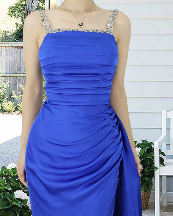 Royal Blue Sweetheart Long Prom Dress with Slit and Pleated Sleeveless Design