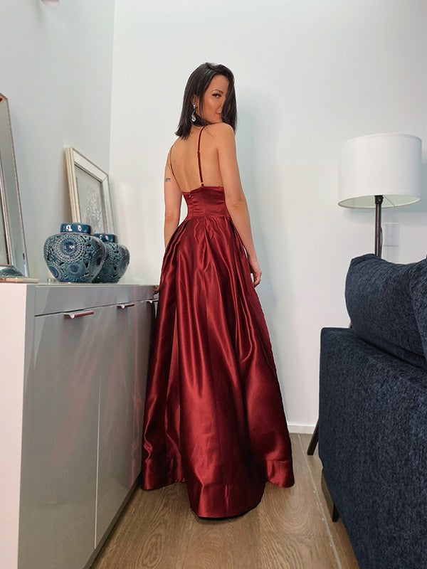 Spaghetti Straps Prom Dress With Slit - Burgundy