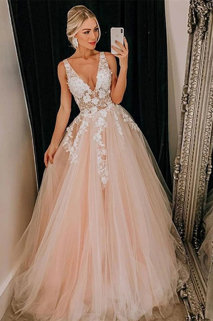 Sleeveless V-Neck Tulle Evening Gown