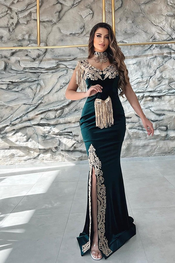 Sleeveless V-Neck Mermaid Evening Dress with Applique Detail and Detachable Skirt