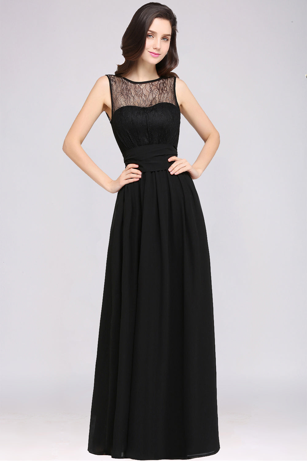 Off The Shoulder Round Neck Chiffon Long Bridesmaid Dress with Floral Lace and Ruffle