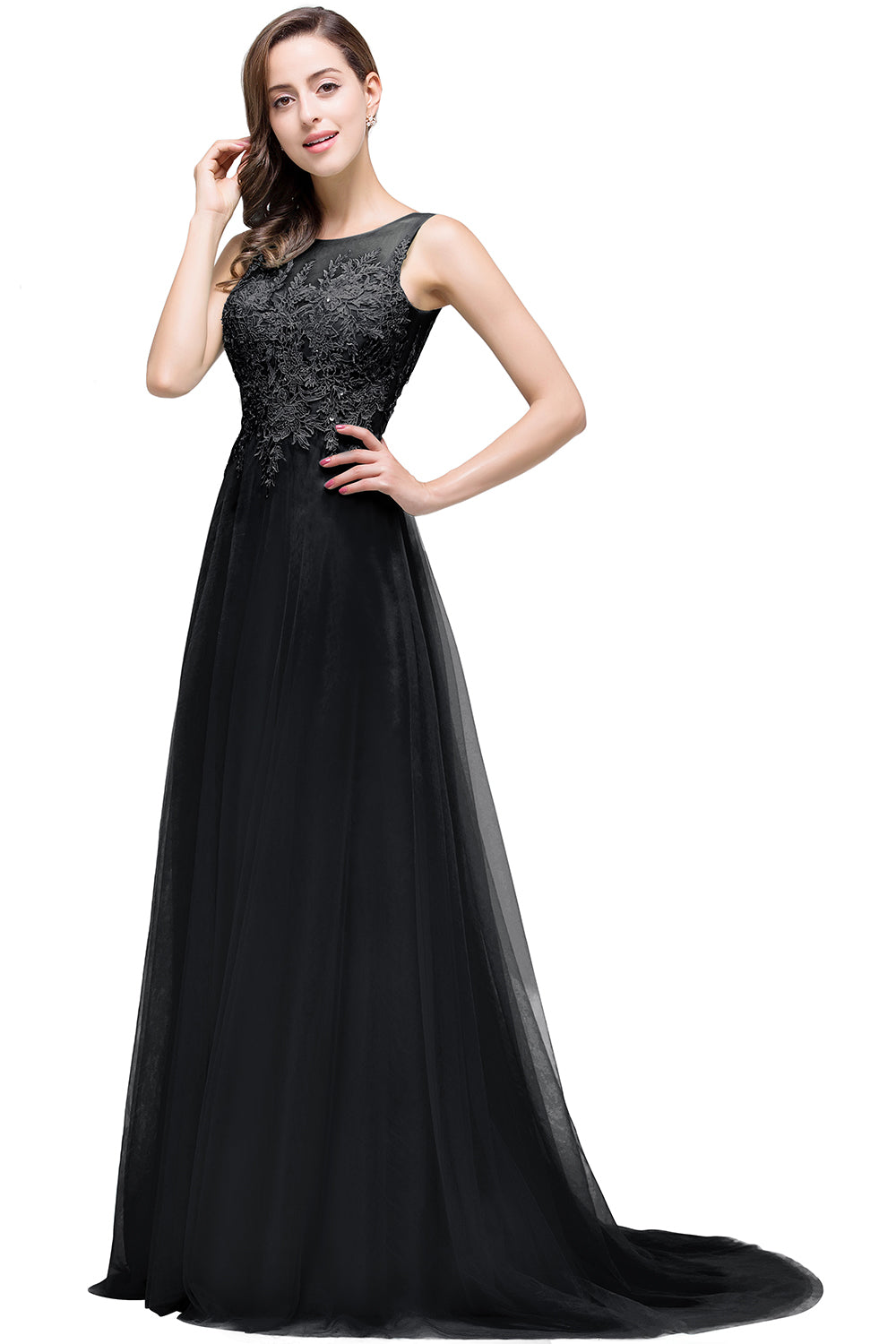 Round Neck Tulle A line Long Sleeveless Lace Appliques Bridesmaid Dress