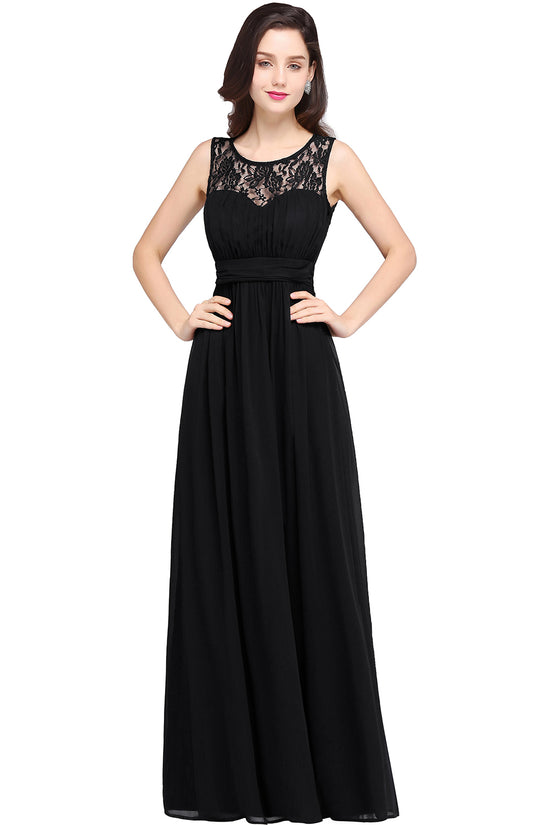 Elegant Long A Line Round Neck Chiffon Floor Length Formal Dresses