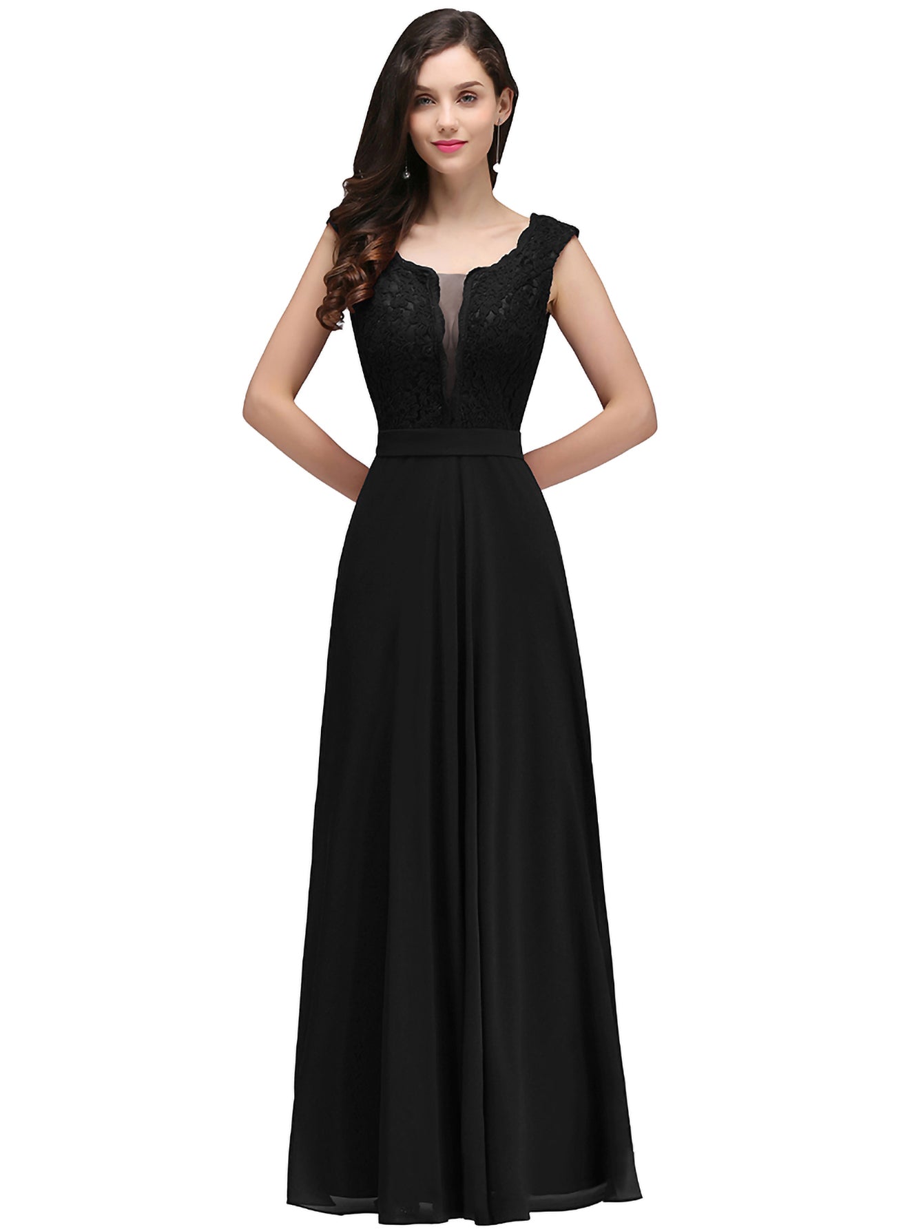 Charming Long A Line Floral Lace Floor Length Sleeveless Chiffon Bridesmaid Dress