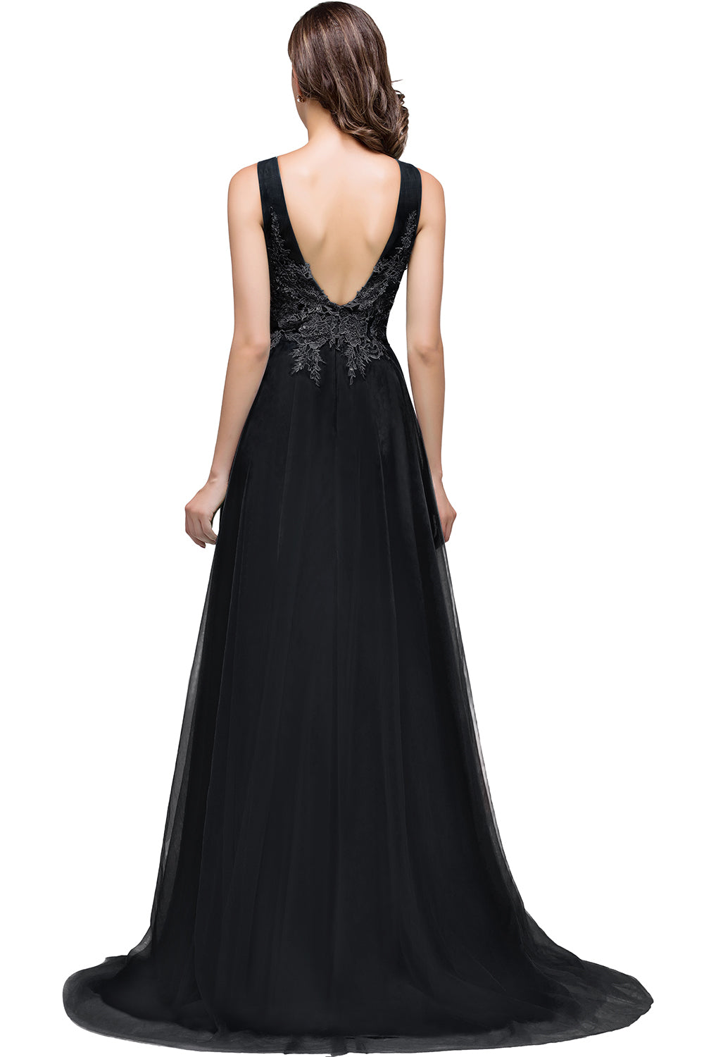 Round Neck Tulle A line Long Sleeveless Lace Appliques Bridesmaid Dress