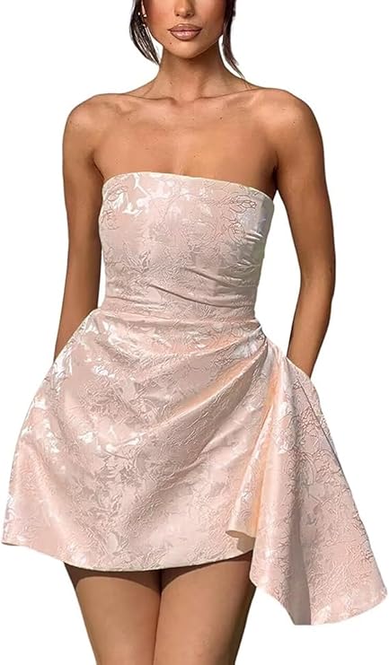 A-line Strapless Sleeveless Short Homecoming Dress Jacquard Satin Asymmetrical Lace up Party Dresses