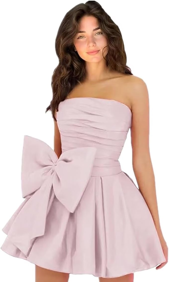 Chic Short Homecoming Dresses A-line Sleeveless Strapless Ruched Lace Up Party Dresses with Bow