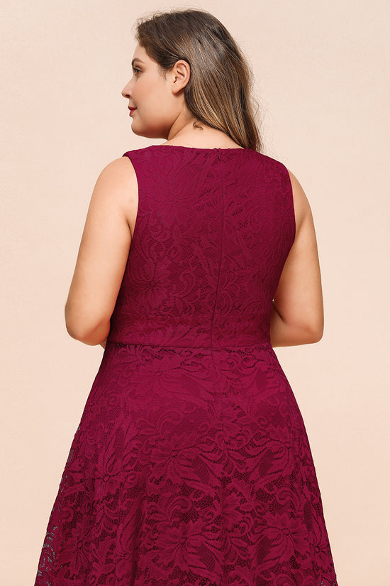 Simple High Low A line V neck Sleeveless Lace Formal Dress