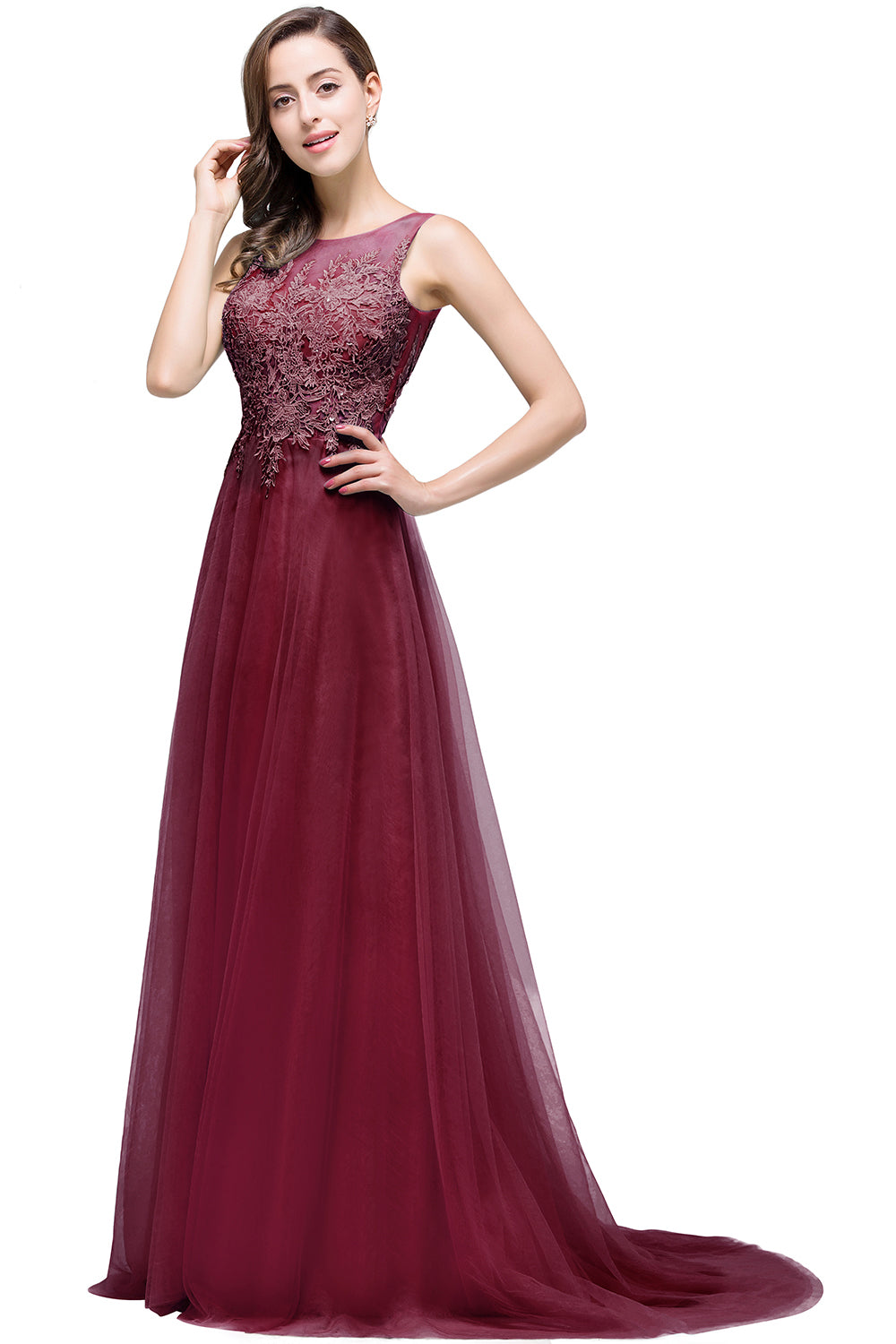 Round Neck Tulle A line Long Sleeveless Lace Appliques Bridesmaid Dress