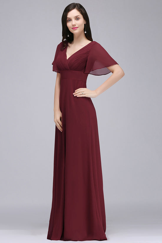 Elegant A Line Poet Sleeves Ruffle Chiffon V-Neck Long Bridesmaid Dress