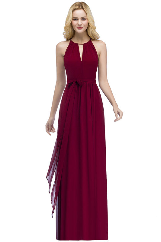 Long A line Halter Ruffle Floor Length Chiffon Bridesmaid Dress