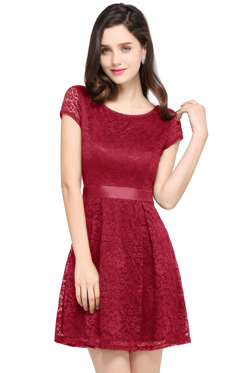 Cap Sleeves Short Formal Dress Round Neck Lace A line Bridesmaid Dress