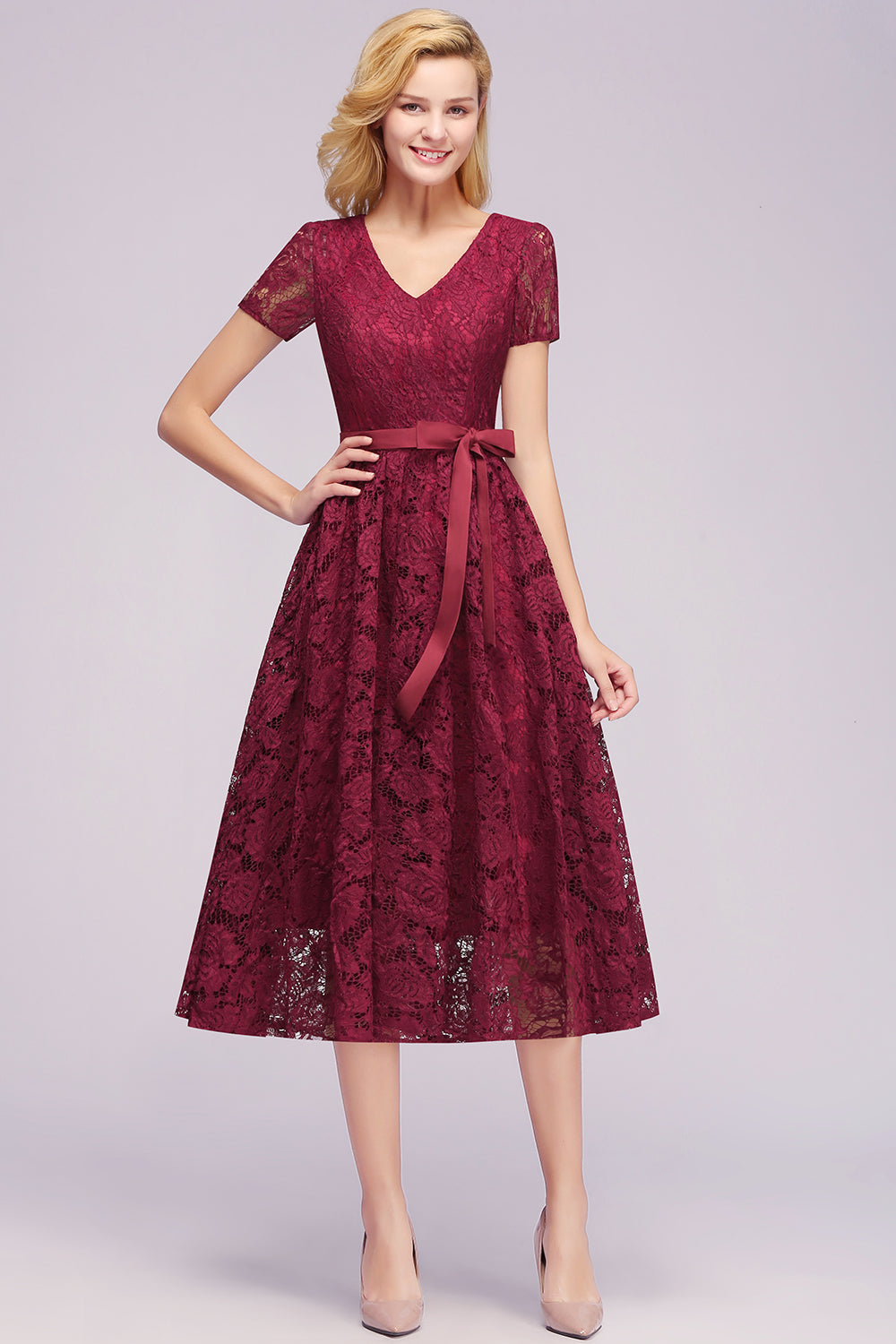 Elegant V Neck A Line Tea Length Floral Lace Formal Dress with Sleeves