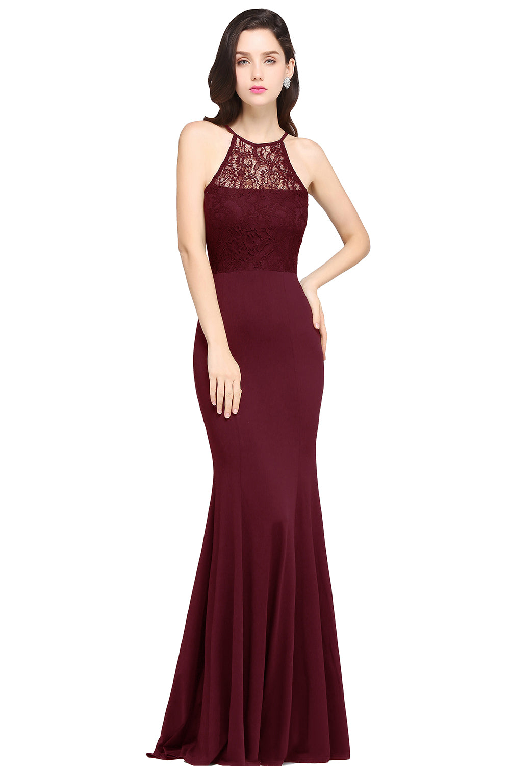 Elegant Halter Floral Lace Chiffon Mermaid Long Bridesmaid Dress