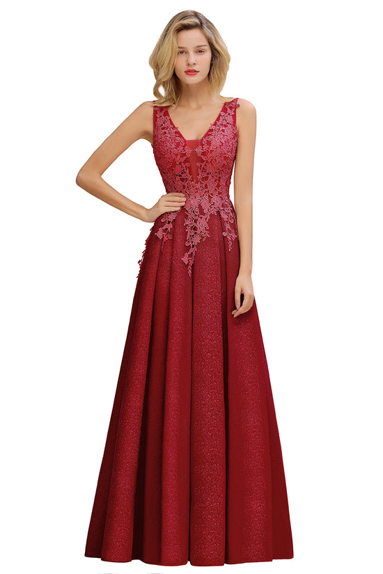 Elegant Long A Line V-Neck Sleeveless Tulle Lace Formal Dress with Appliques