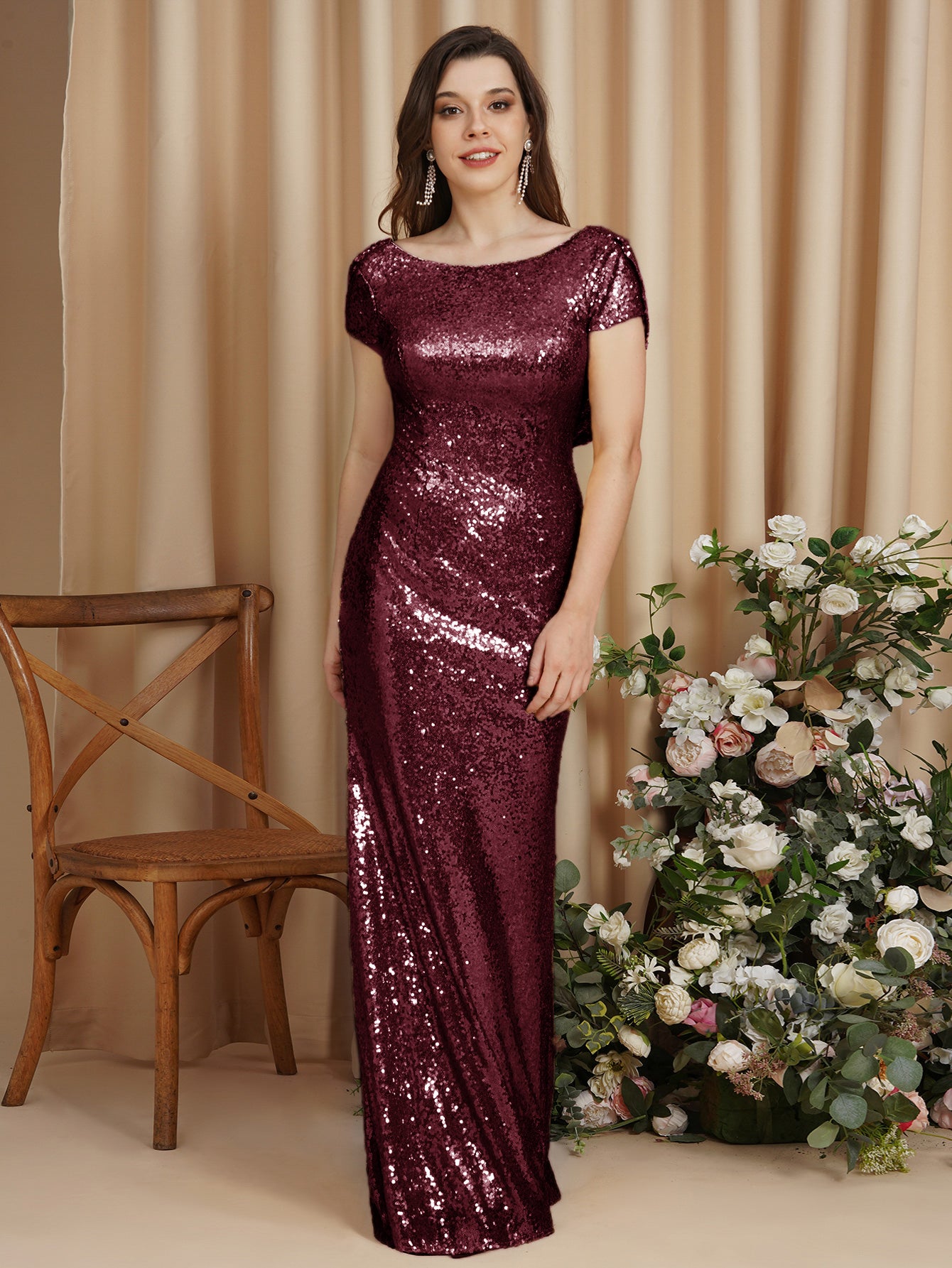 Open Back Sequins Scoop Neck Mermaid Floor Length Bridesmaid Dress