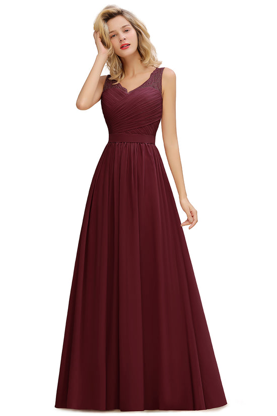 Elegant Long A line V-neck Ruffle Sleeveless Chiffon Bridesmaid Dress