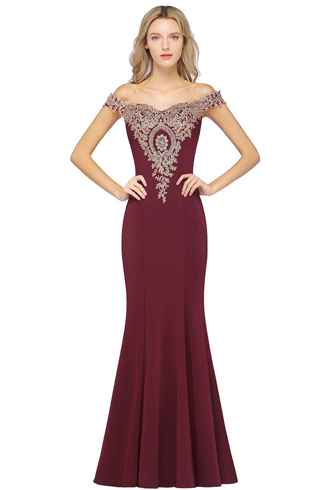 Long Off-the-Shoulder Gold Appliques Mermaid Evening Dress