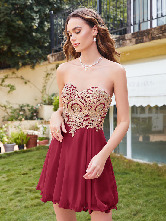 A-Line Strapless Short Chiffon Prom Dresses with Beadings