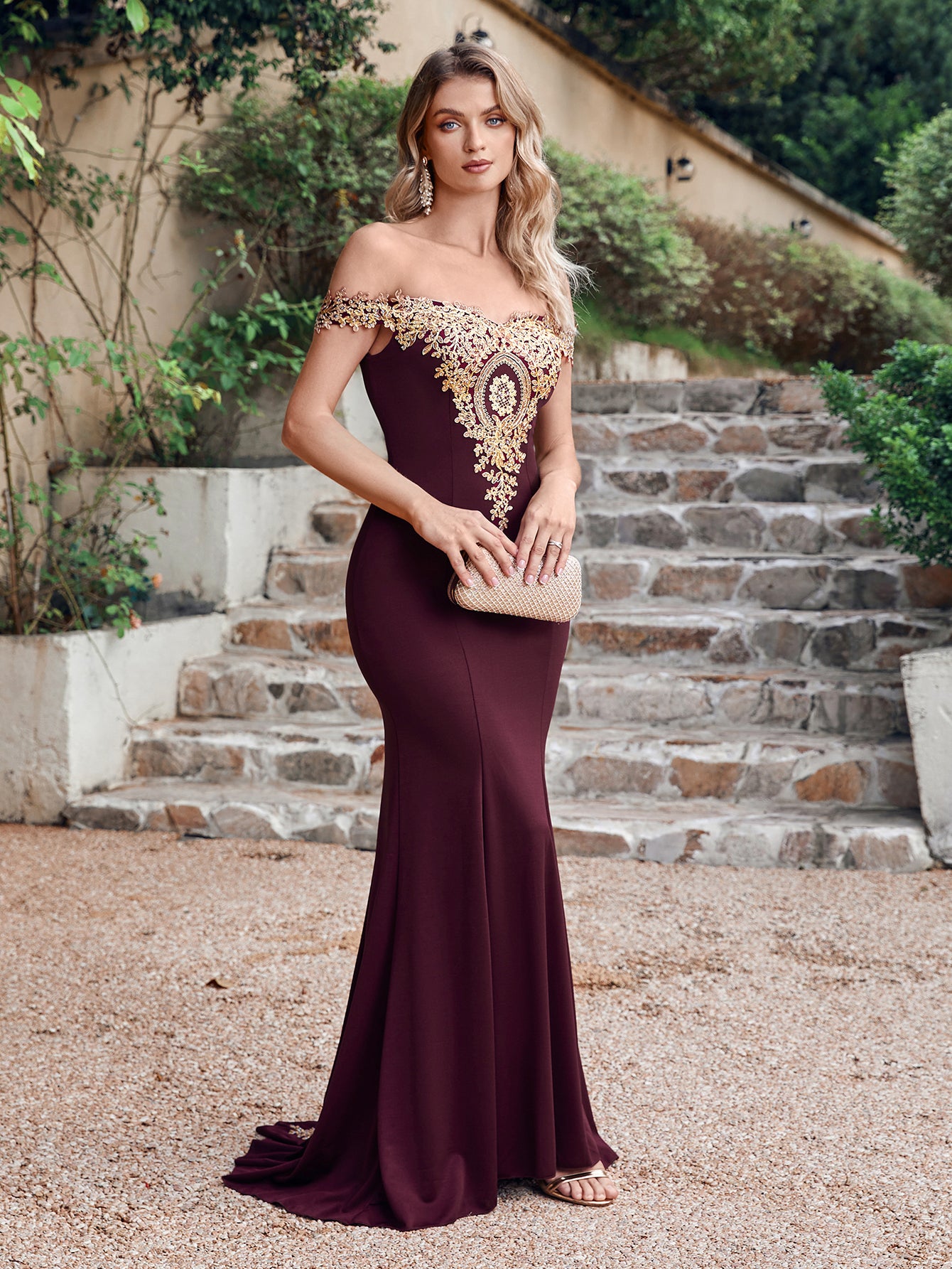 Long Off-the-Shoulder Gold Appliques Floor Length Mermaid Evening Dress