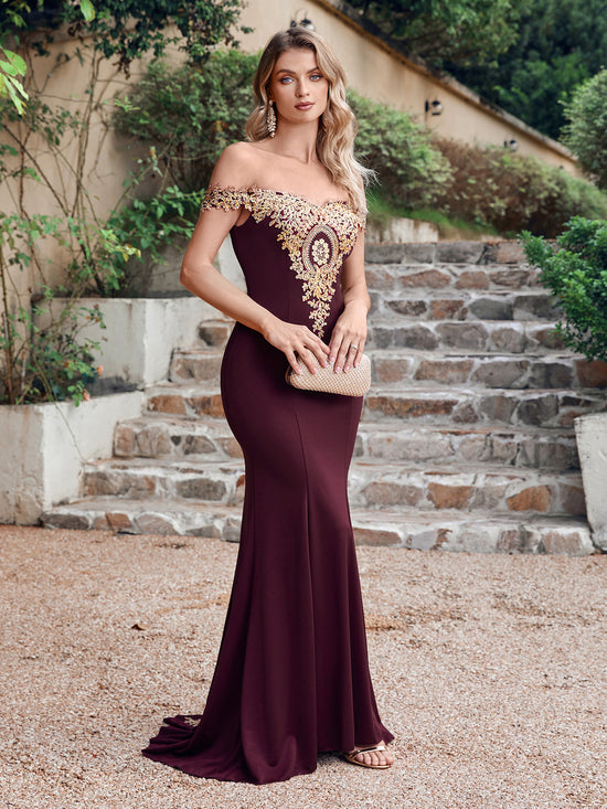 Long Off-the-Shoulder Gold Appliques Floor Length Mermaid Evening Dress