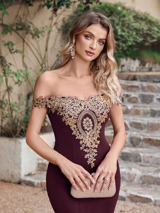 Long Off-the-Shoulder Gold Appliques Floor Length Mermaid Evening Dress