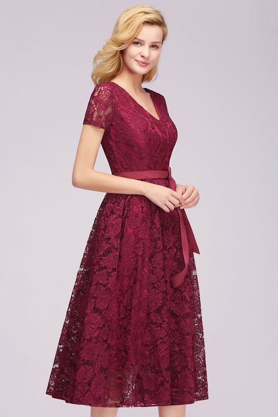 Elegant V Neck A Line Tea Length Floral Lace Formal Dress with Sleeves