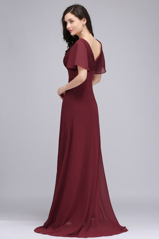 Elegant A Line Poet Sleeves Ruffle Chiffon V-Neck Long Bridesmaid Dress