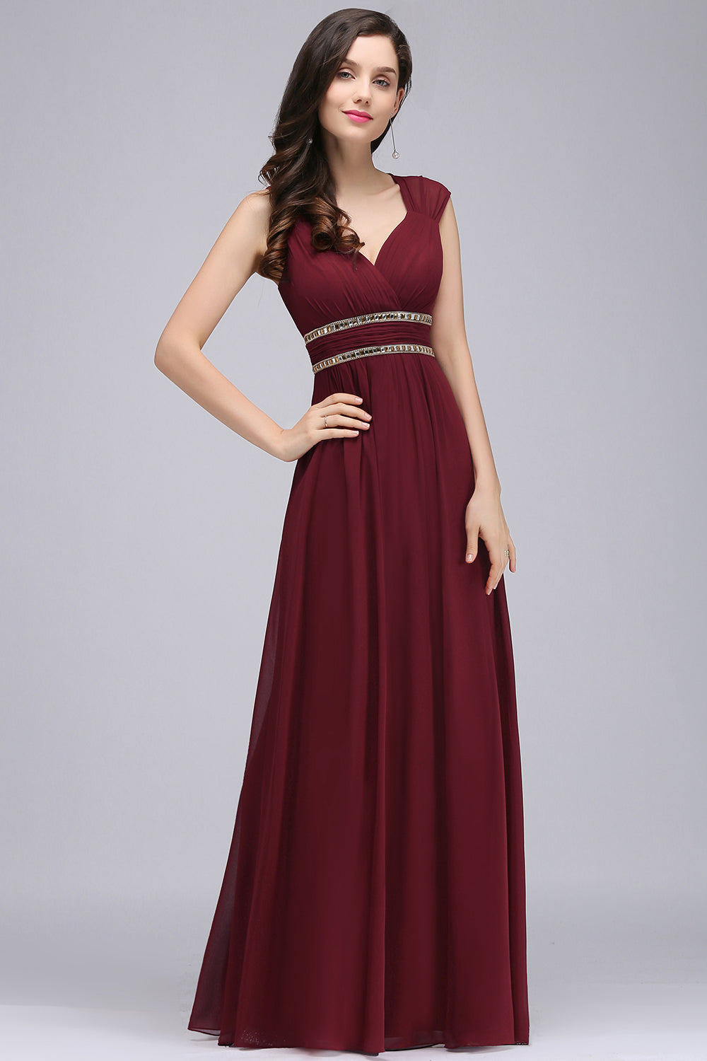 Elegant V Neck A Line Off The Shoulder Chiffon Long Bridesmaid Dress